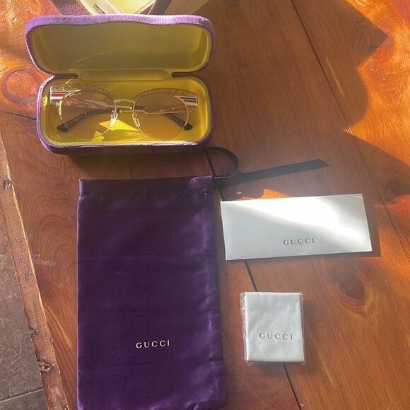 NEW GUCCI SYLVIE Stripe 0283 Gold Glitter Pink Metal Cat Eye Sunglasses GG0283S - Picture 4 of 7